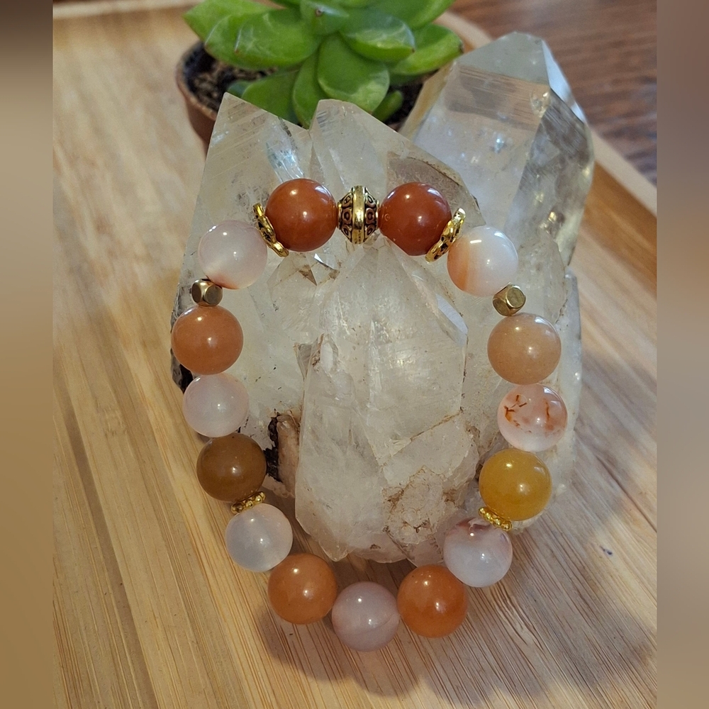 Yellow Aventurine And Red Leaf Agate Stretch Bracelet